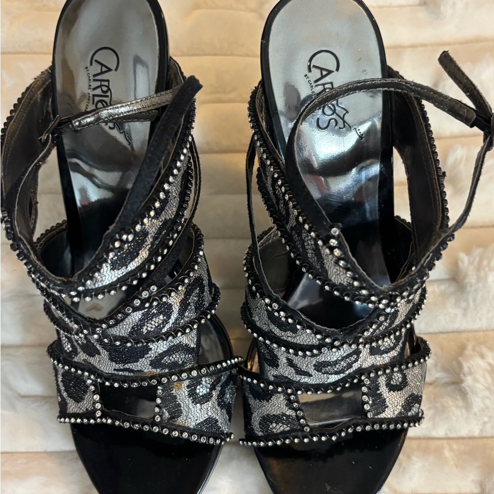 Carlos Santana Black and Silver Beaded Strappy Heels
